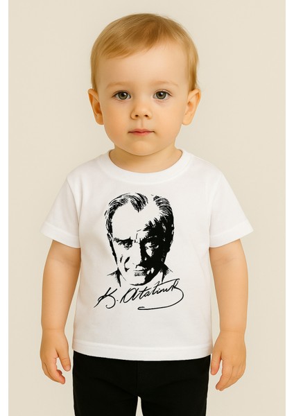 Atatürk Baskılı Unisex Bebek Tişört | %100 Pamuk | Bisiklet Yaka | Beyaz fiyatları
