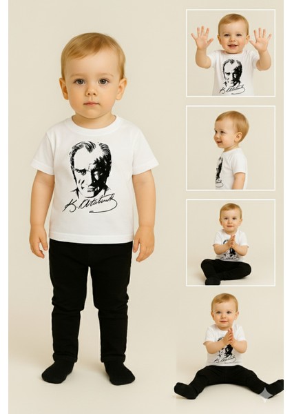 Atatürk Baskılı Unisex Bebek Tişört | %100 Pamuk | Bisiklet Yaka | Beyaz modelleri