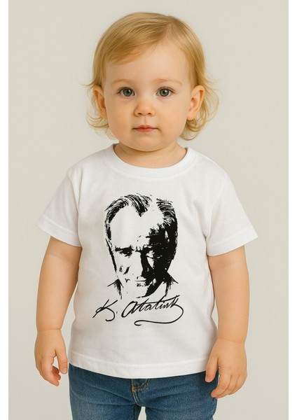 Atatürk Baskılı Unisex Bebek Tişört | %100 Pamuk | Bisiklet Yaka | Beyaz indirimleri
