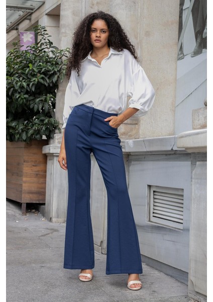Kadın Yüksek Bel Cepli Ispanyol Paça Önü Dikişli Hafif Likralı Kumaş Pantolon(Ceket Kodu Jument 30080)-LACIVERT