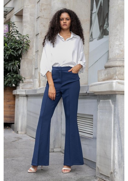 Kadın Yüksek Bel Cepli Ispanyol Paça Önü Dikişli Hafif Likralı Kumaş Pantolon(Ceket Kodu Jument 30080)-LACIVERT