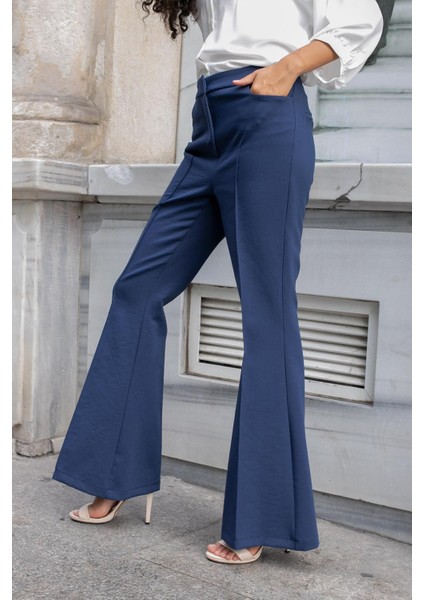Kadın Yüksek Bel Cepli Ispanyol Paça Önü Dikişli Hafif Likralı Kumaş Pantolon(Ceket Kodu Jument 30080)-LACIVERT