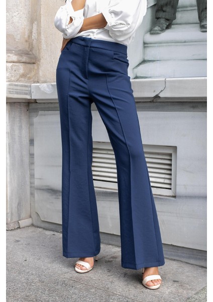 Kadın Yüksek Bel Cepli Ispanyol Paça Önü Dikişli Hafif Likralı Kumaş Pantolon(Ceket Kodu Jument 30080)-LACIVERT