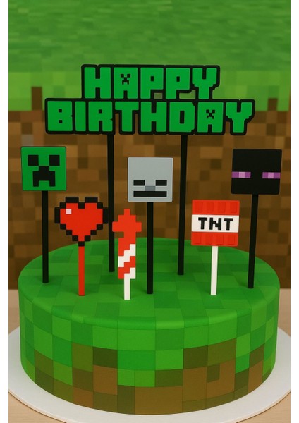Minecraft Temalı Doğum Günü Pasta Süsü - 7 Parça Set