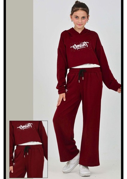 Kız Çocuk Oysho Kumaş Crop Tarz Kapüşonlu Geniş Paçalı Alt-Üst Takım 12295 modelleri