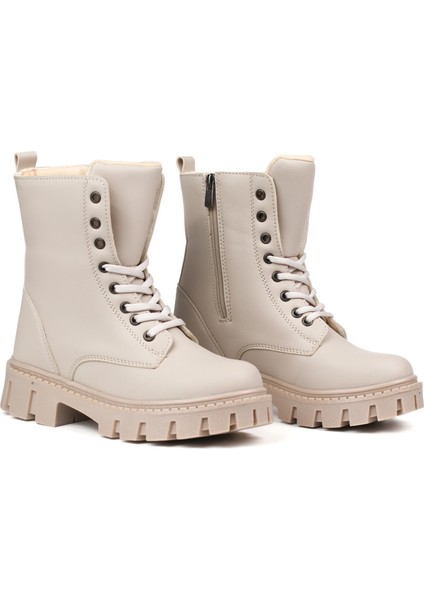 Kadın Bej Postal Bot – Kalın Taban Fermuarlı Bağcıklı Rahat Günlük Şık ve Dayanıklı