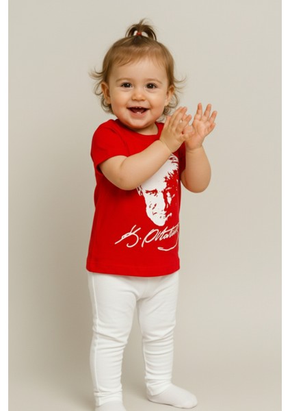Atatürk Baskılı Unisex Bebek Tişört | %100 Pamuk | Bisiklet Yaka | Kırmızı