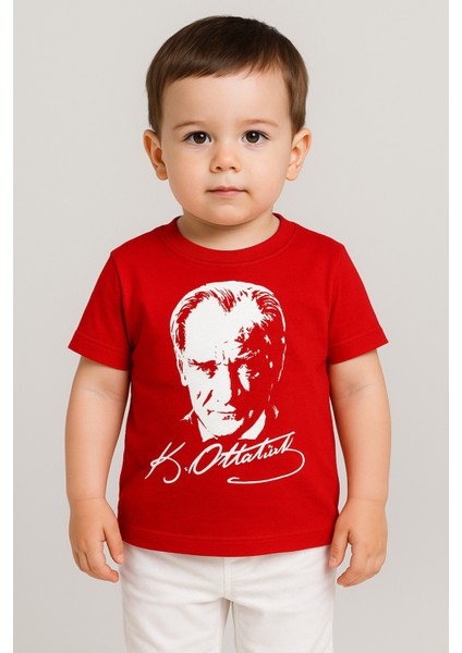 Atatürk Baskılı Unisex Bebek Tişört | %100 Pamuk | Bisiklet Yaka | Kırmızı fiyatları