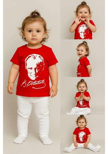 Atatürk Baskılı Unisex Bebek Tişört | %100 Pamuk | Bisiklet Yaka | Kırmızı modelleri