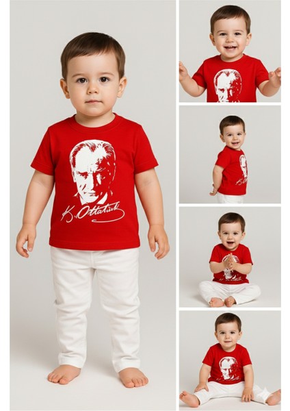 Atatürk Baskılı Unisex Bebek Tişört | %100 Pamuk | Bisiklet Yaka | Kırmızı fırsatları