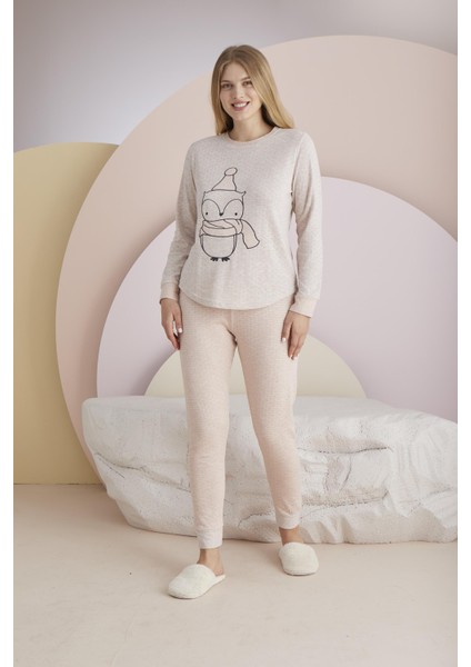 Kadın Somon Renk Uzun Kollu Bisiklet Yaka Kuş Baskılı Pijama Takımı C8T5N131