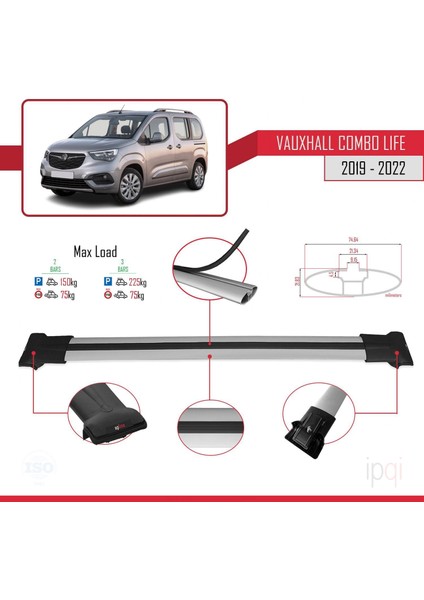 Vauxhall Combo E Life 2019-2022 Arası ile Uyumlu Fly Model Ara Atkı Tavan Barı Gri 2 Adet modelleri