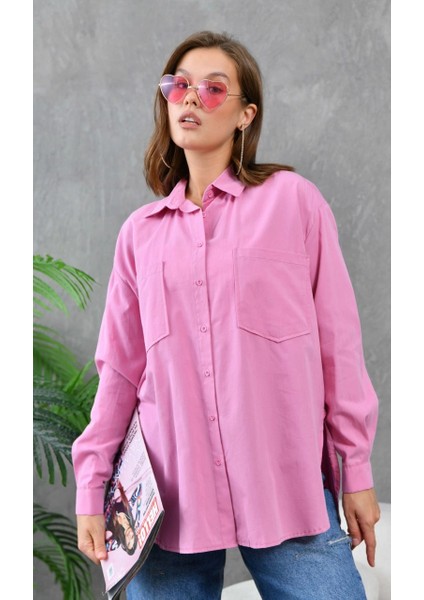 Kadın Gömlek Çift Cepli Uzun Kollu Gömlek Gül - 21012