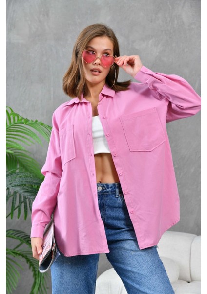 Kadın Gömlek Çift Cepli Uzun Kollu Gömlek Gül - 21012 fiyatları