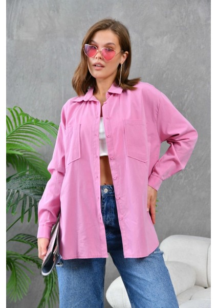 Kadın Gömlek Çift Cepli Uzun Kollu Gömlek Gül - 21012 modelleri