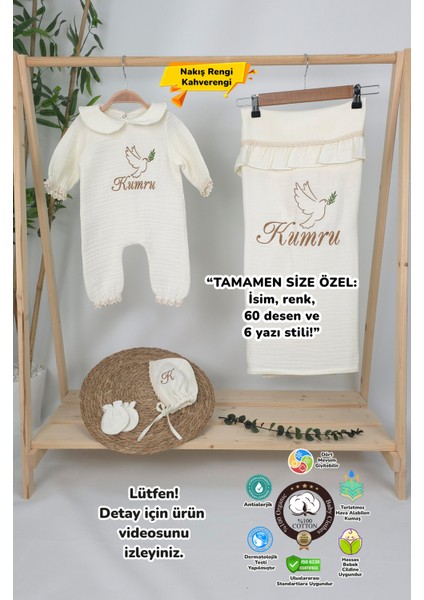 Müslin Yeni Doğan 4katlı Organik %100PAMUK Kişiye Özgü Nakışlı Hastane Çıkış Seti (Kuş Model-2)