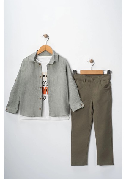 Erkek Çocuk Kolu Ayarlanabilir Gömlekli Pantolonlu Tişörtlü Üçlü Takım modelleri