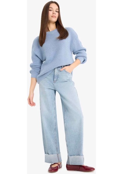 Regular Fit Selanik Kumaş Basic Düz Triko Mavi Kadın Kazak H6905AZ/BE697 fiyatları