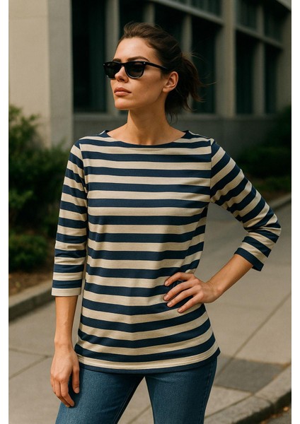 Kadın Çizgili Basic Bluz - Lacivert Bej 3/4 Kol - Günlük Rahat Şık Kombin - Yeni Sezon Trend