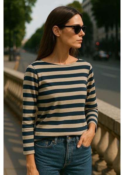 Kadın Çizgili Basic Bluz - Lacivert Bej 3/4 Kol - Günlük Rahat Şık Kombin - Yeni Sezon Trend fiyatları