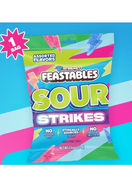 Mr Beast Feastables Sour Strıkes Assorted Flavors Gummy Candy 212 gr