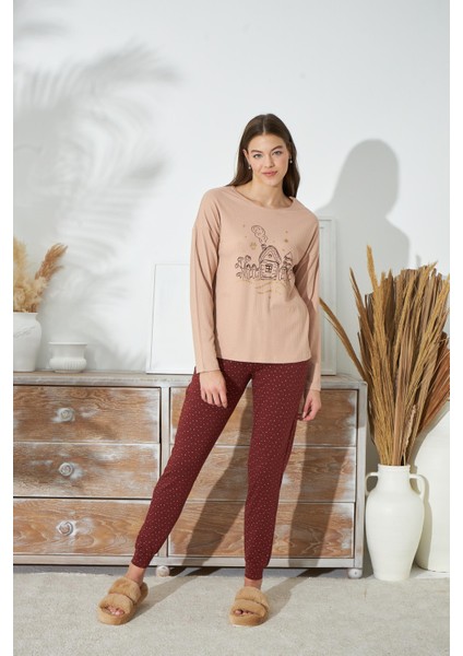 Kadın Bej Renk Uzun Kollu Bisiklet Yaka Puantiyeli Alt Pijama Takımı C2T3N351