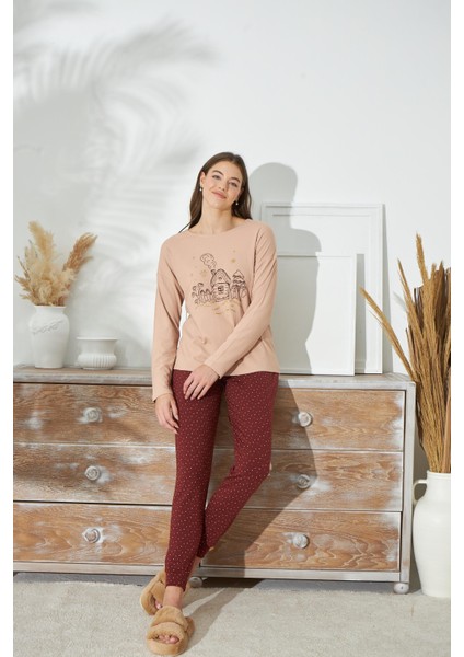 Kadın Bej Renk Uzun Kollu Bisiklet Yaka Puantiyeli Alt Pijama Takımı C2T3N351 fiyatları