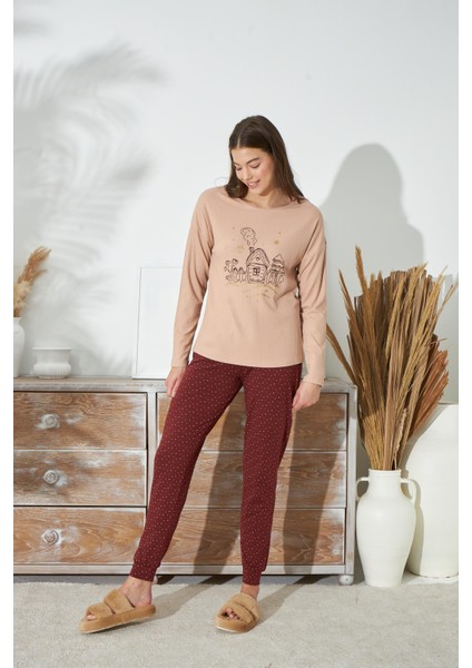 Kadın Bej Renk Uzun Kollu Bisiklet Yaka Puantiyeli Alt Pijama Takımı C2T3N351 modelleri