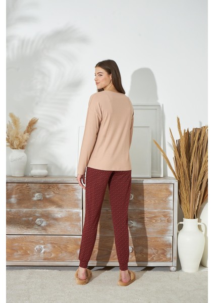 Kadın Bej Renk Uzun Kollu Bisiklet Yaka Puantiyeli Alt Pijama Takımı C2T3N351 fırsatları