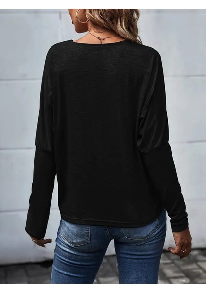 Kadın Uzun Kollu V Yakalı Yarasa Kollu Viskon Bluz
