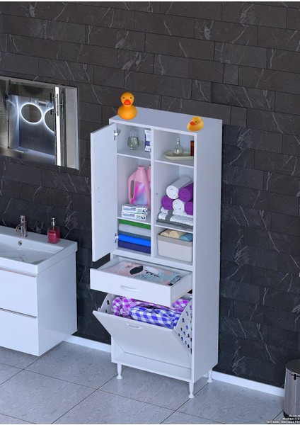 60x173x32,5cm 1 Çekmece, 1 Göz Sepet, 1 Kapak, 6 Raf Dar Alan Mutfak Dolabı Çok Amaçlı Dolap