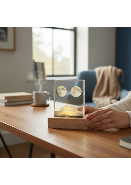 Kişiye Özel Çift Ay ve Dağ Manzaralı LED Masa Lambası – 3D Dekoratif Işık