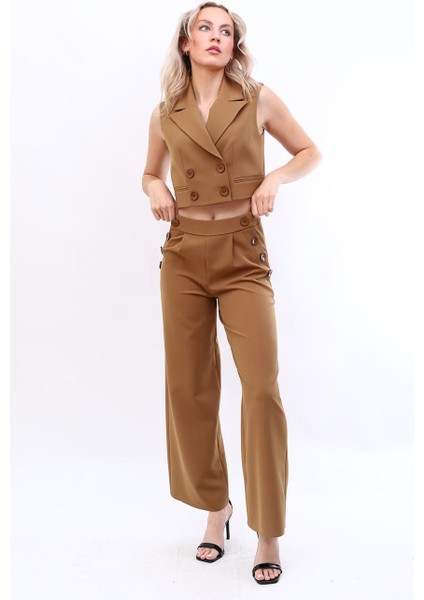 Crop Yelek & Düğmeli Bol Paça Pantolon Takım-Camel