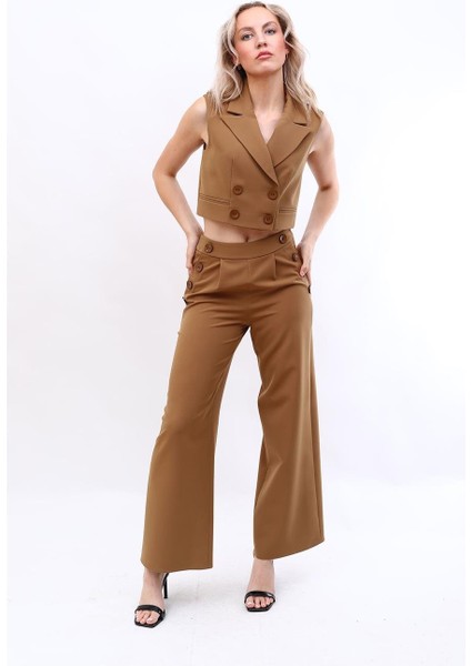 Crop Yelek & Düğmeli Bol Paça Pantolon Takım-Camel fiyatları