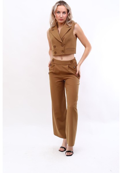 Crop Yelek & Düğmeli Bol Paça Pantolon Takım-Camel modelleri