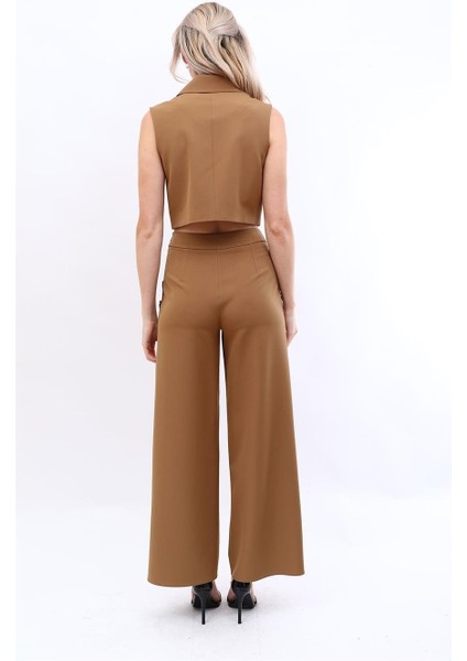Crop Yelek & Düğmeli Bol Paça Pantolon Takım-Camel indirimleri