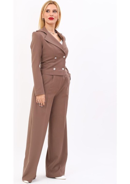 Mini Blazer Ceket & Yüksek Bel Bol Paça Pantolon Takım-Kahve modelleri