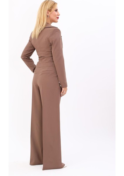 Mini Blazer Ceket & Yüksek Bel Bol Paça Pantolon Takım-Kahve fırsatları