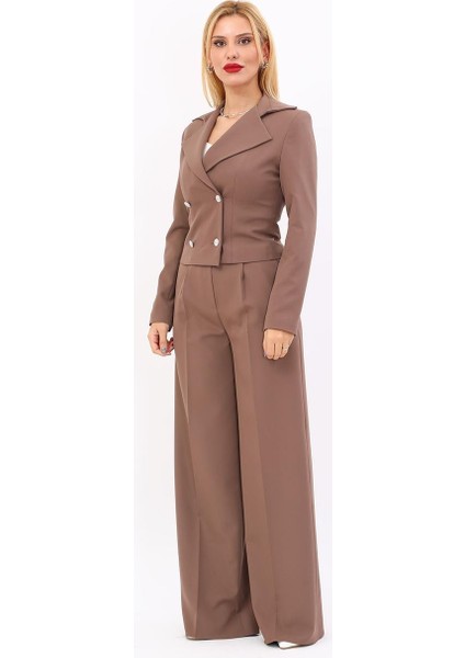 Mini Blazer Ceket & Yüksek Bel Bol Paça Pantolon Takım-Kahve indirimleri