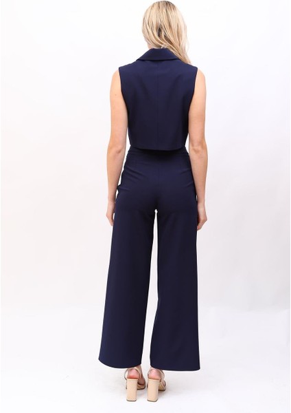 Crop Yelek & Düğmeli Bol Paça Pantolon Takım-Lacivert fırsatları