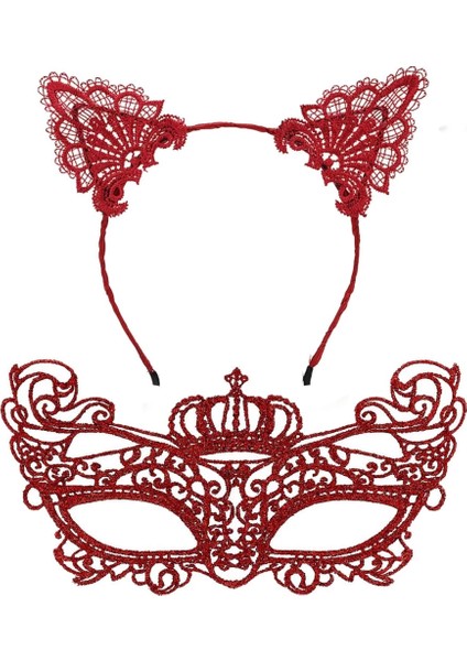 Bfs Lüks Kırmızı Dantel Taçlı Maske Seti 2 No - Parti, Balo, Kostüm Aksesuarı