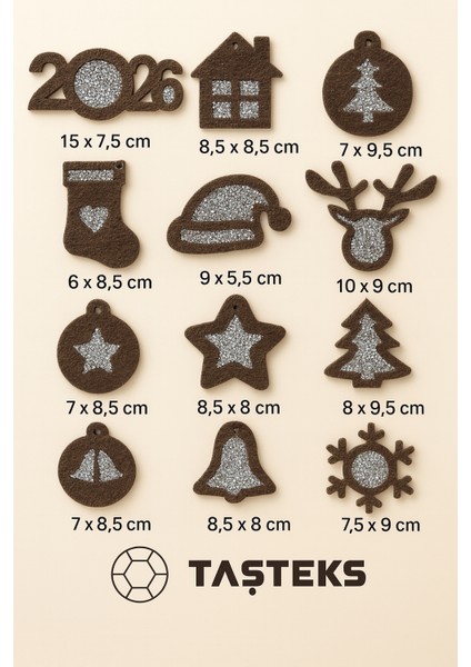 12’li Taşlı Keçe Yılbaşı Ağacı Süsü Seti – 4 Renk Seçenekli (Çift Taraflı)