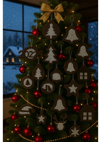 12’li Taşlı Keçe Yılbaşı Ağacı Süsü Seti – 4 Renk Seçenekli (Çift Taraflı)