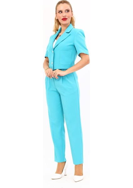 Erkek Yaka Kısa Ceket & Kemerli Köprülü Dar Paça Pantolon-Turkuaz