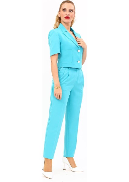 Erkek Yaka Kısa Ceket & Kemerli Köprülü Dar Paça Pantolon-Turkuaz modelleri