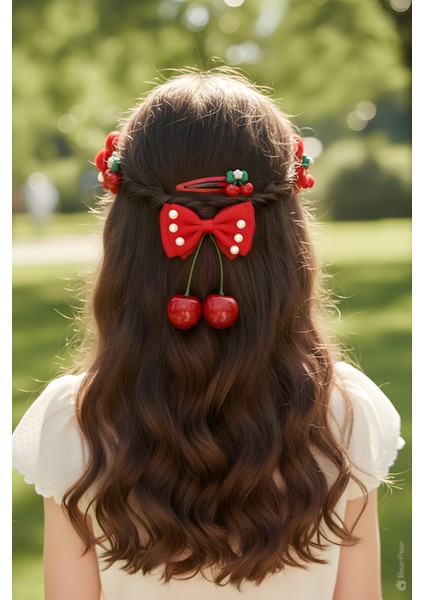 Cherry Tasarım Kiraz Toka Inci ve Kurdele Detaylı 3'lü Toka Seti