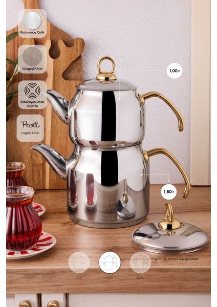 Tahtakale Gold Indüksiyon Tabanlı Midi Çelik Çaydanlık Takımı 1.00LT - 1.80LT fiyatları