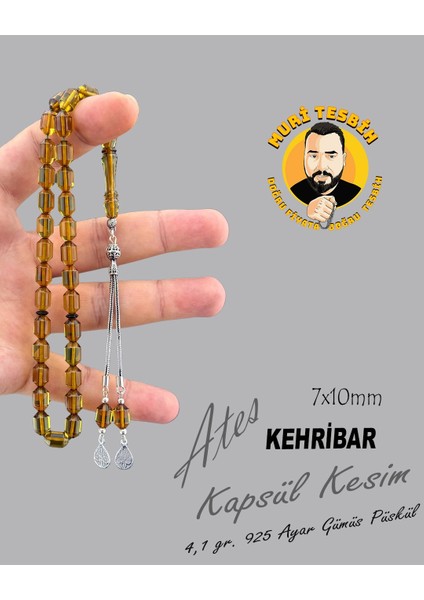 4,1 gr 925 Ayar Gümüş Püskül Ateş Kehribar Kapsül Kesim 7X10