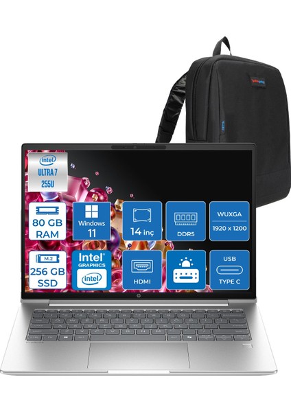 Probook 4 G1I Intel® Core Ultra 7 255U 80GB Ddr5 256GB SSD 14" Wuxga (1920 x 1200), IPS 300 Nits WIN11PRO Taşınabilir Bilgisayar C9FH1ETP21+ZETTAÇANTA