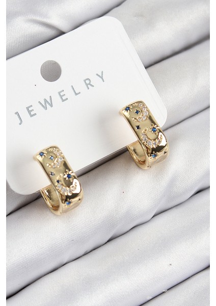 Pirinç Zirkon Taşlı Ay Desenli Model Gold Renk Kadın Küpe - TJ-BKP11064